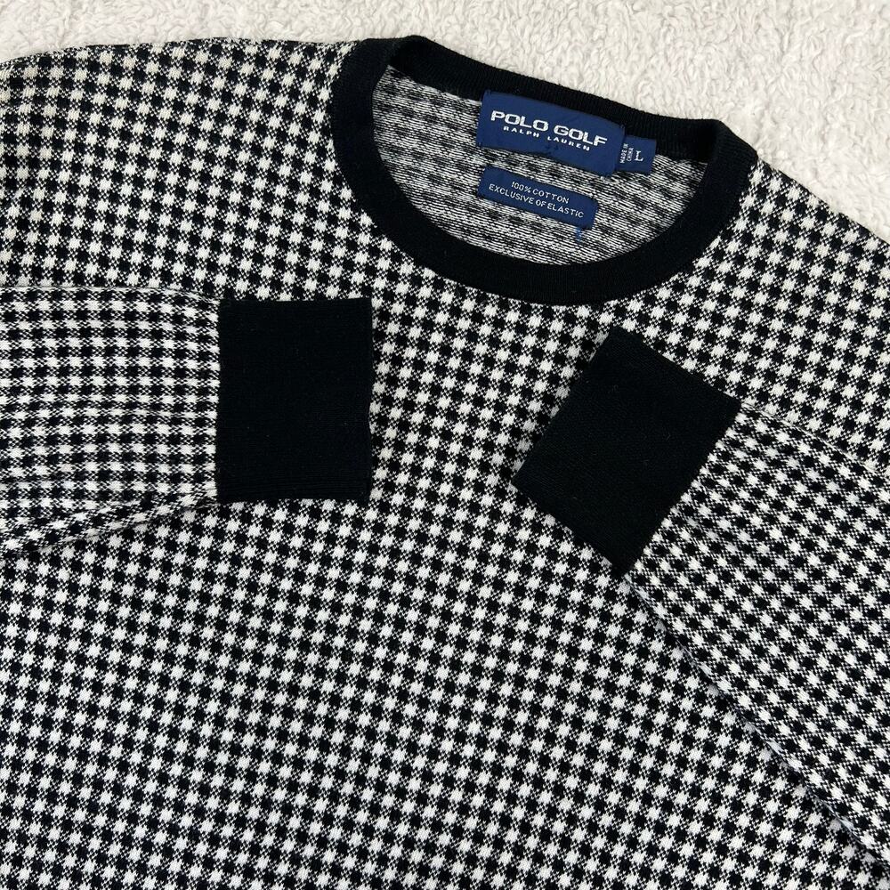 Polo Golf Ralph Lauren Houndstooth Black White Cotton Knit Shirt men's Large - Picture 3 of 6